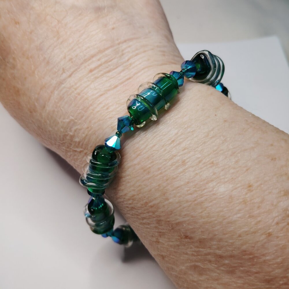 Sterling Silver Toggle Bracelet Lampwork Glass Beads Blue Green 8" Artisan